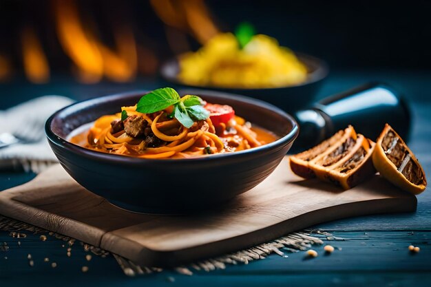 food on a table with a fire in the background