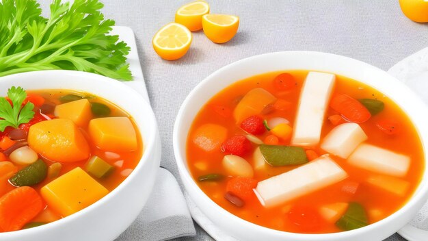 Food on a table with healthy clear vegetable soup with carrots in broth and different types of fruit