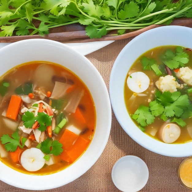 Food on a table with healthy thai soup