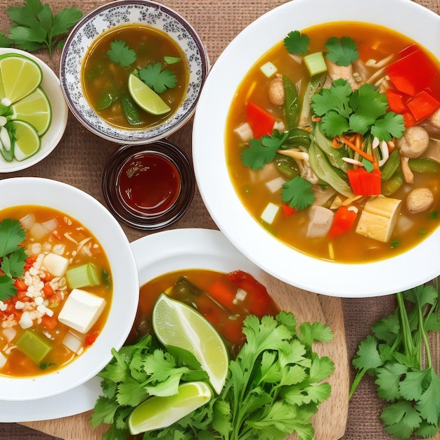 Food on a table with healthy Thai soup