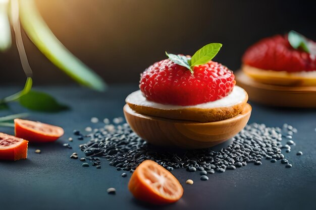 food on a table with seeds and a strawberry on the top.