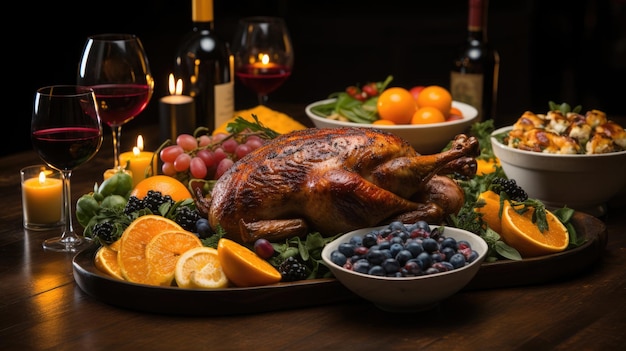 food for thanksgiving on a wooden table background HD Generative Ai