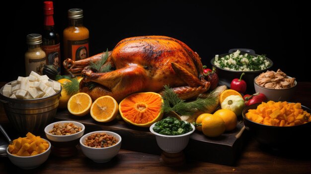 food for thanksgiving on a wooden table background HD Generative Ai