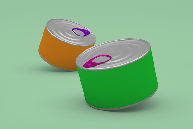 Food Tin Cans Isolated Perspective Side In Green Background