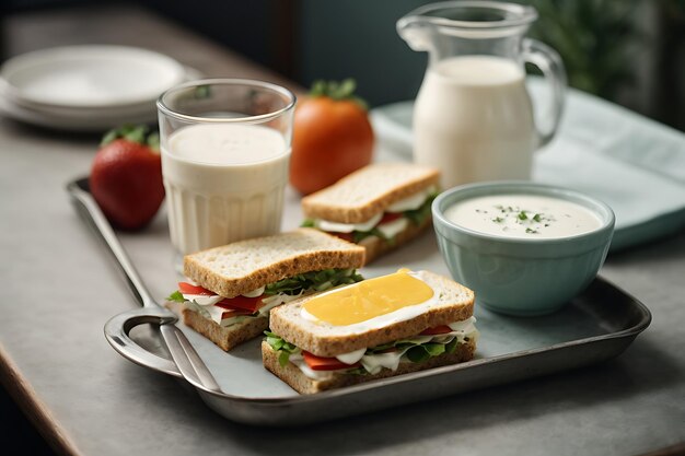 Food tray with milk and sandwiches