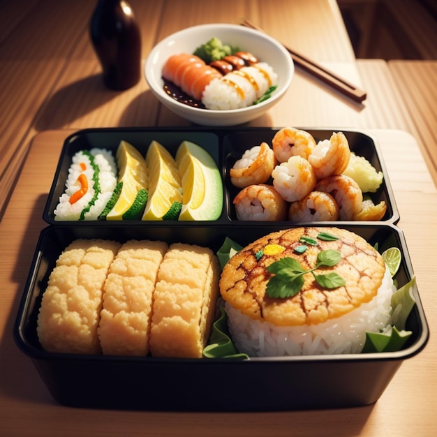 Food trays that include shrimp rice and vegetables generative ai