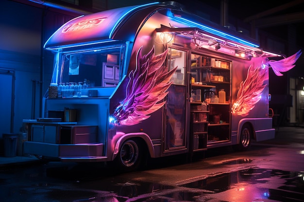 Food truck on asian night city street in cyberpunk style Generative AI