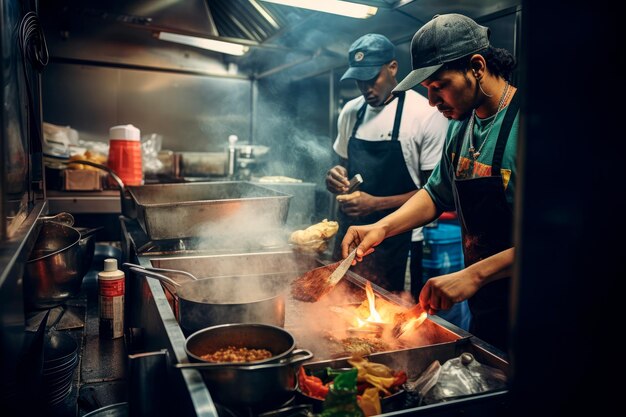 Food truck chefs expertly preparing and cooking meals created with generative ai technology