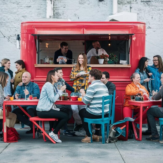 Photo food truck crowd enjoying meals