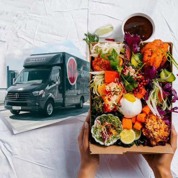 Foto concetto di servizio di consegna di cibo in camion