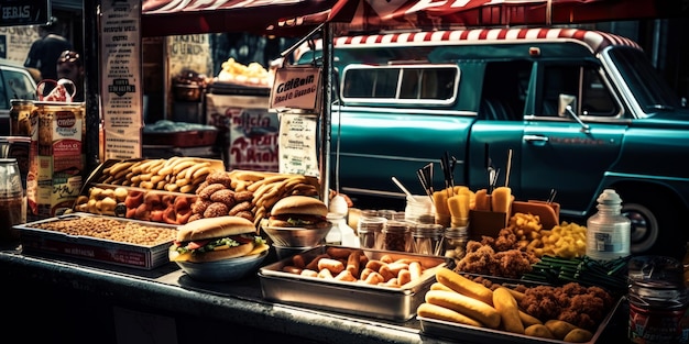 Foto food truck en voedsel op de tentoonstelling