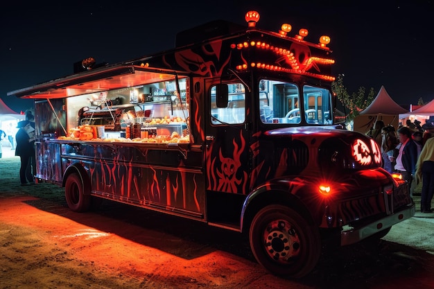 Photo a food truck is parked in front of a tent at night offering tasty culinary delights in an outdoor setting creepy halloween themed food truck for a themed event ai generated