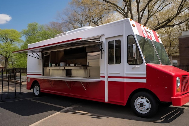 Photo a food truck is parked outside with a red and white awning