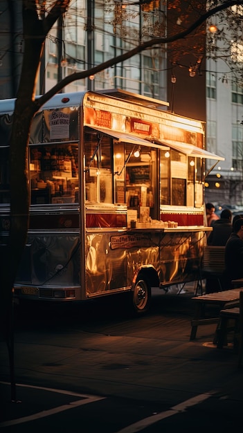 a food truck is parked on the street.