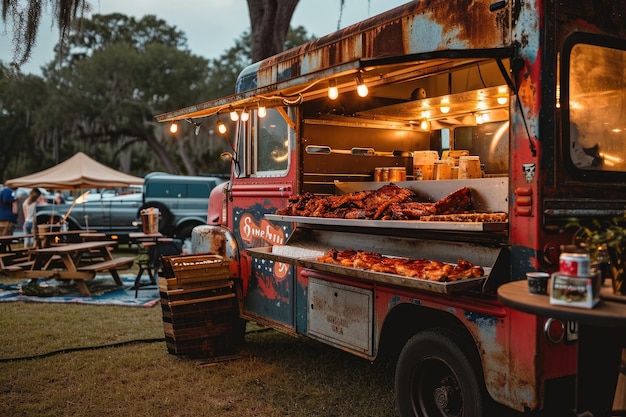 Photo a food truck is parked in a wide open field surrounded by lush green grass and trees southern bbq food truck at a family picnic ai generated