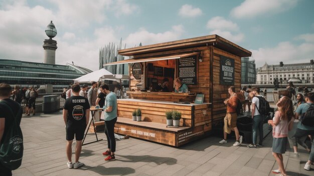 A food truck is selling food from the roof of a building.