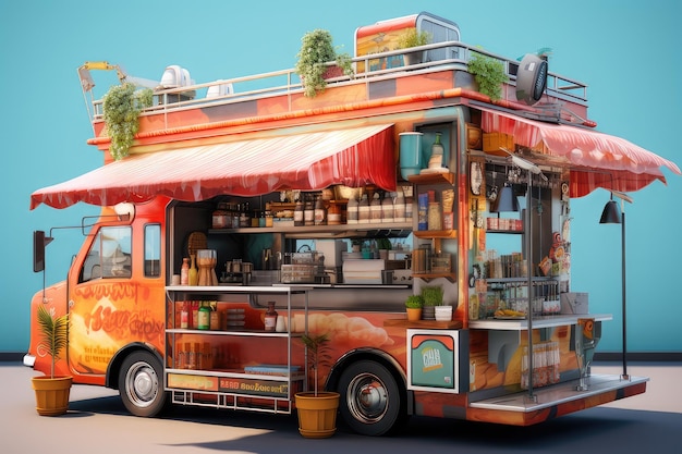 A food truck parked on a busy street in the middle of a city with people milling about outside