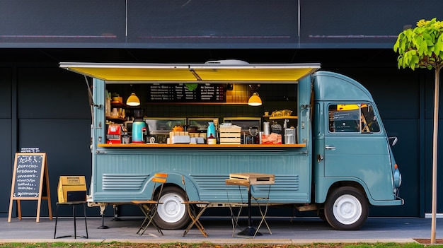 Photo food truck side view menu coffee white chair ai generative