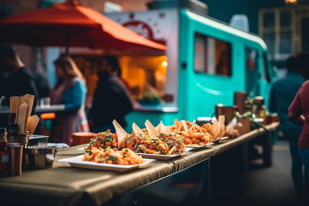 Food truck on the street serving people