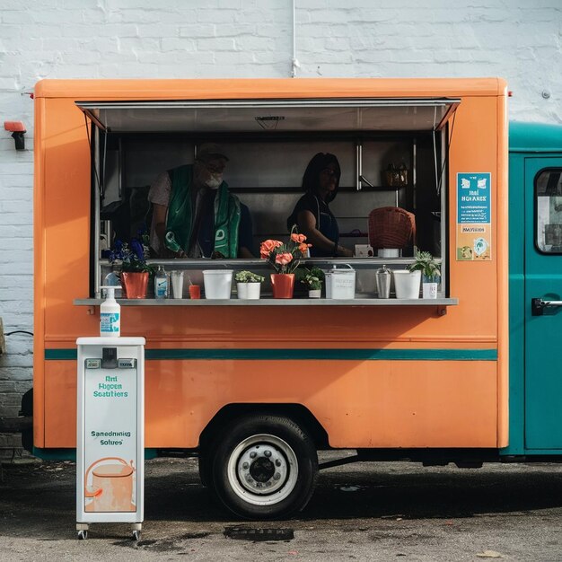 Foto venditore di food truck con stazione di lavaggio delle mani