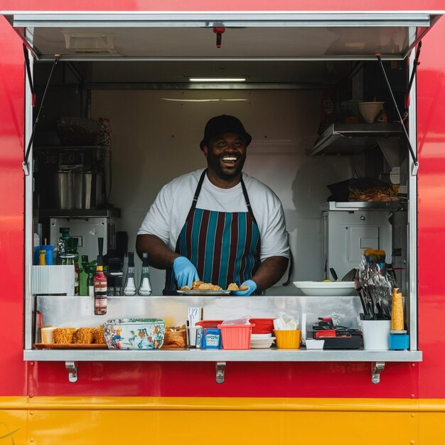 Photo food truck vendor with meal prep area