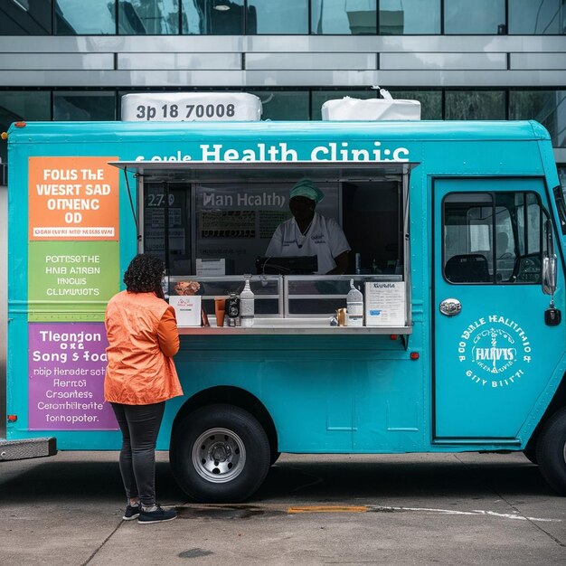 Foto venditore di food truck con informazioni sulla clinica sanitaria mobile