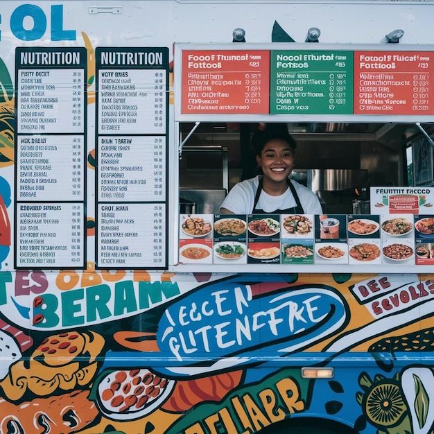 Foto venditore di food truck con display di informazioni nutrizionali