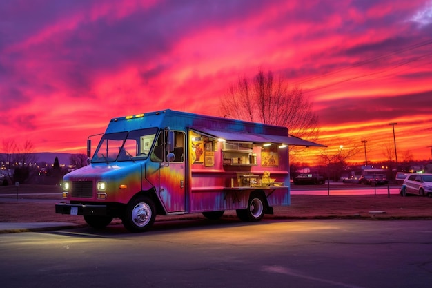 Food truck with a beautiful sunset in the background created with generative ai