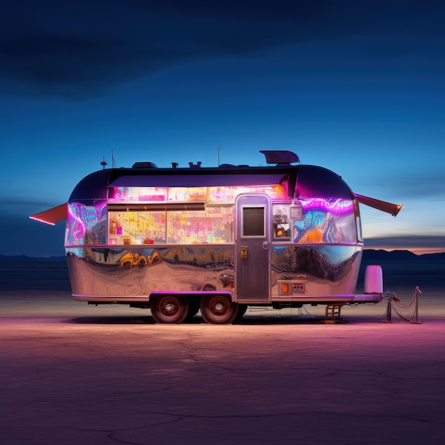 Food truck with neon light Generative AI