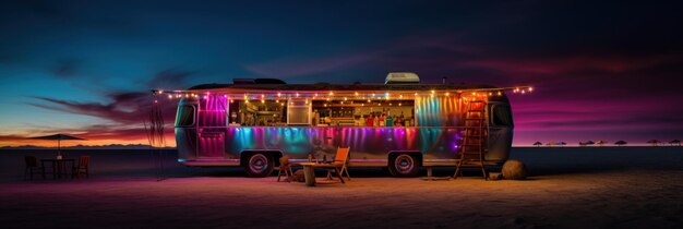 Food truck with neon light Generative AI