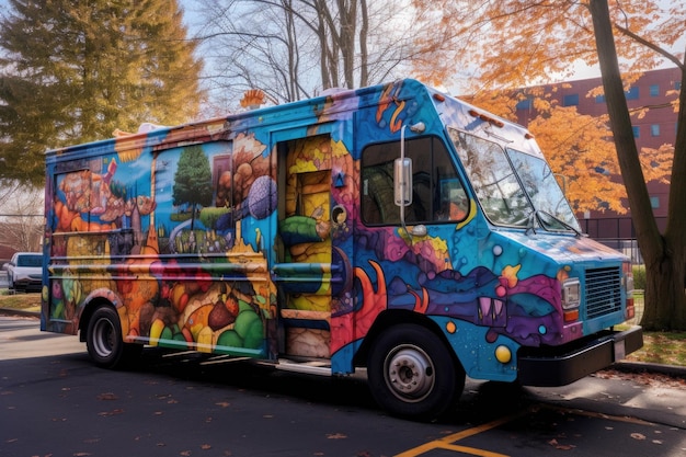 Food truck with unique and vibrant artwork created with generative ai