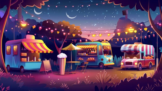 Photo food trucks selling takeaway meals in a night city park during a trade fair modern cartoon illustration of popcorn hot dogs cotton candy fresh juice coffee and snacks vans