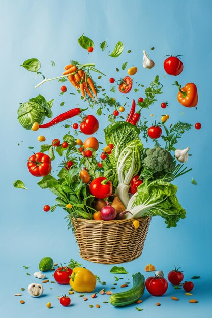 food and vegetables scattered in a basket on a blue background