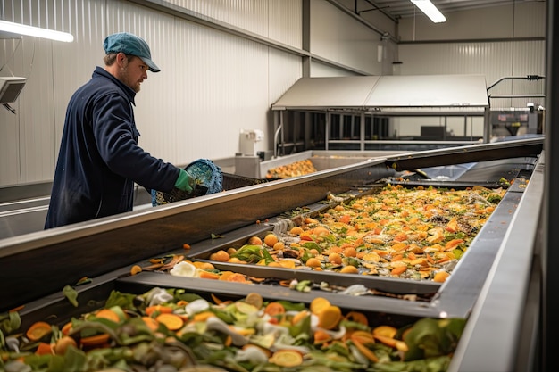 Food waste recycling facility transforming leftover produce into new products created with generative ai