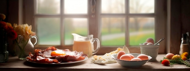 Photo food on the windowsill breakfast generative ai