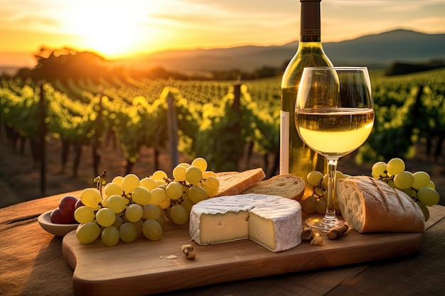 Food wine and cheese on a wooden tray at sunset