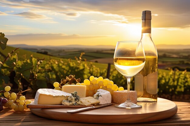 Food wine and cheese on a wooden tray at sunset