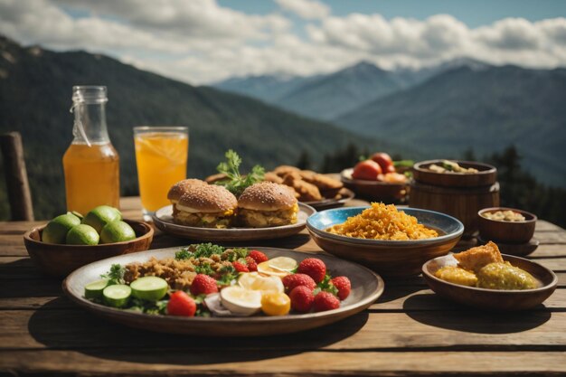 food on wooden table in mountain