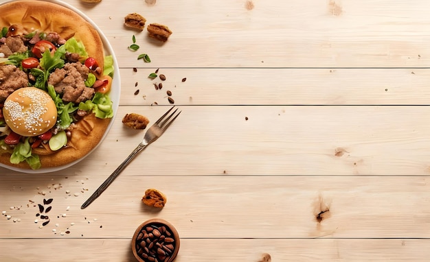 AI が生成したコピー スペースを持つ木製のテーブルの上の食べ物
