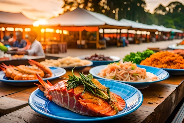 Food on a wooden table with a man sitting at the table with a woman sitting behind them