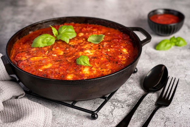 Foodfotografie van gestoofde courgette met tomatensaus