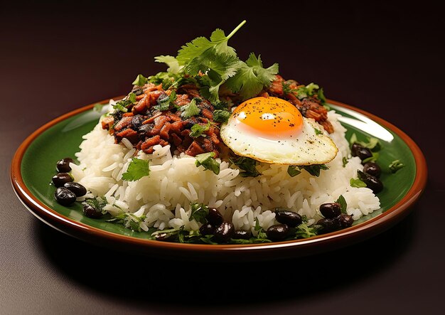 코스타리카 음식 Gallo pinto 양파, 마늘 및 시란트로 향신료를 넣은 과 콩 요리