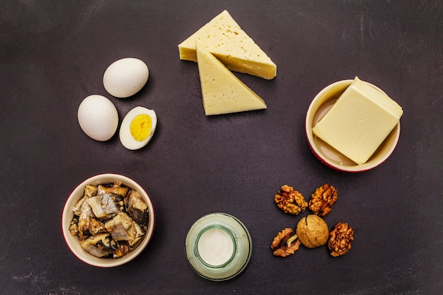 Foods containing vitamin D. Cheese, eggs, butter, nuts, milk, sardine