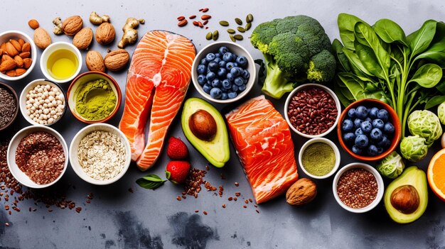 Foods high in fatty acids including vegetables seafood nut and seeds Generative Ai