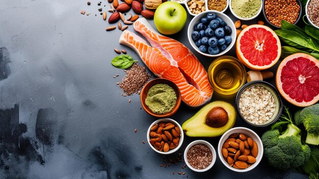 Foods high in fatty acids including vegetables seafood nut and seeds Generative Ai