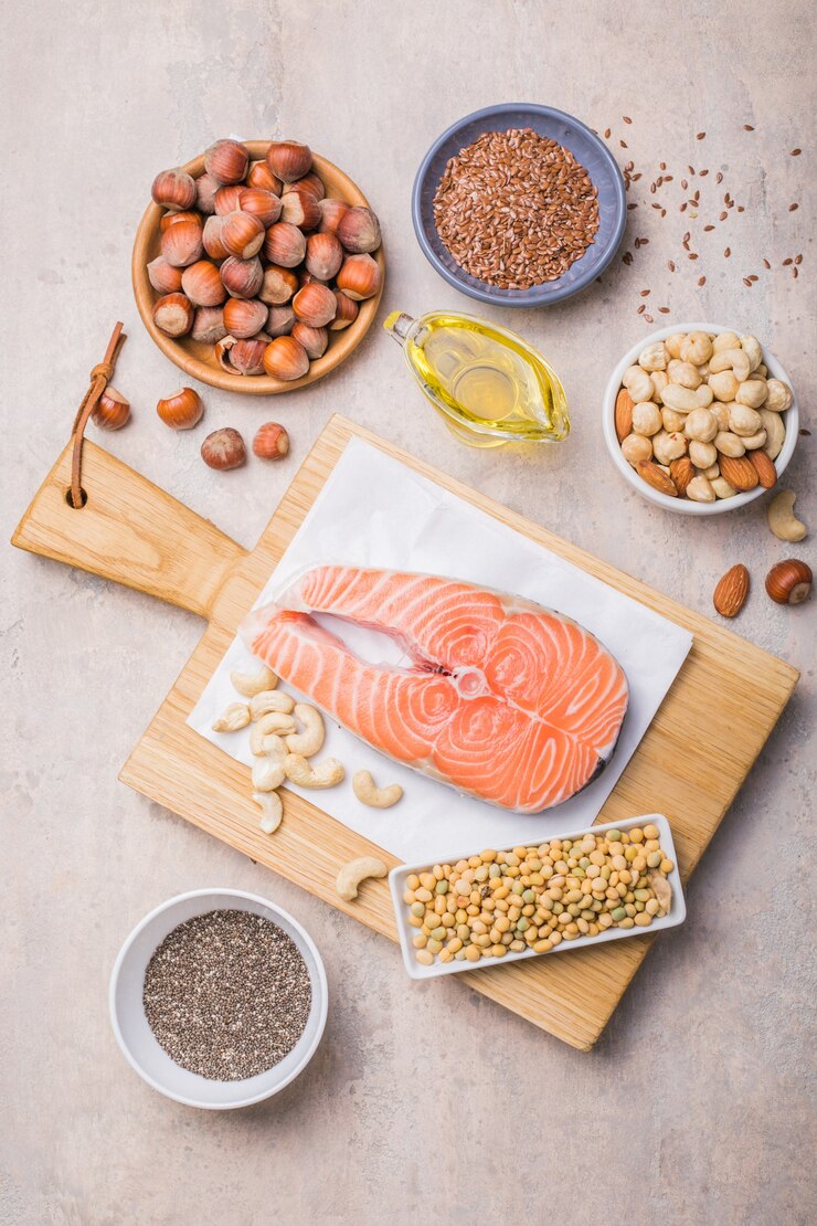 Foods high in fatty acids including vegetables, seafood, nut and seeds