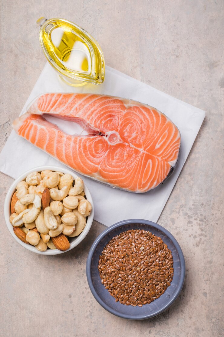 Foods high in fatty acids including vegetables, seafood, nut and seeds
