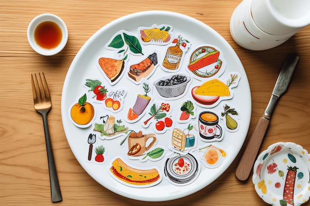 Foodthemed stickers arranged on a white plate digital art illustration