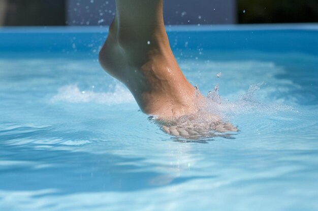 a foot in a blue water with water splashing around it