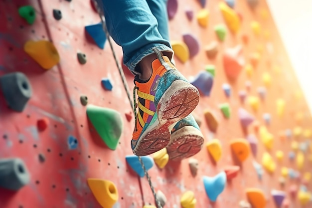 Foot climbing a vibrant rock climbing wall